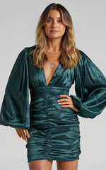 Richmond Mini Dress - Long Sleeve Ruched Dress in Emerald