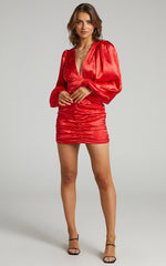 Richmond Mini Dress - Long Sleeve Ruched Dress in Red
