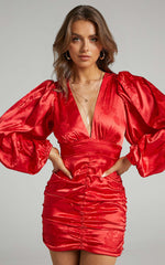 Richmond Mini Dress - Long Sleeve Ruched Dress in Red