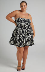Lorelle Mini Dress - Straight Neck Tiered Dress in Black Floral