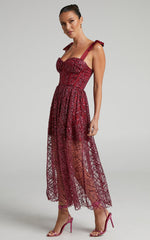 Rimea Midi Dress - Tie Shoulder Bustier Bodice Glitter Tulle Dress in Berry
