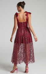Rimea Midi Dress - Tie Shoulder Bustier Bodice Glitter Tulle Dress in Berry