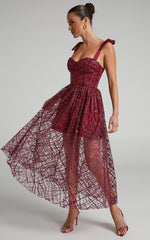 Rimea Midi Dress - Tie Shoulder Bustier Bodice Glitter Tulle Dress in Berry
