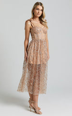 Rimea Midi Dress - Tie Shoulder Bustier Bodice Glitter Tulle Dress in Gold