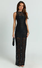 Rimona Maxi Dress - Lace High Neck Bodycon Dress in Black