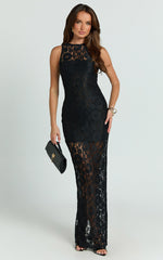 Rimona Maxi Dress - Lace High Neck Bodycon Dress in Black