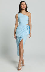 Rina Midi Dress - One Shoulder Side Cut Out Wrap Dress in Blue