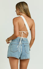 Risha Top - Linen One Shoulder Back Tie Top in White