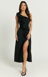Rita Midi Dress - One Shoulder Ruffle Detail Dress in Black