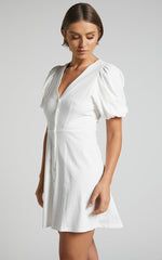 Rochelle Mini Dress - V Neck Button Through Dress in White