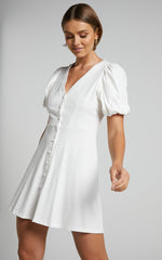 Rochelle Mini Dress - V Neck Button Through Dress in White