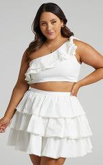 Rooftop SpritzTwo Piece Set - One Shoulder Ruffle Top and Mini Skirt Set in White
