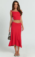 Rowena Two Piece Top and Skirt Set - Twist Tip Shoulder Top and Mid Rise Midi Skirt in Deep Red