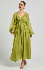 Roxanna Midi Dress - Long Sleeve Ruched Waist Dress in Green