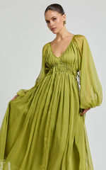 Roxanna Midi Dress - Long Sleeve Ruched Waist Dress in Green