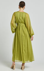 Roxanna Midi Dress - Long Sleeve Ruched Waist Dress in Green