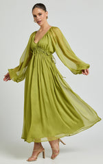 Roxanna Midi Dress - Long Sleeve Ruched Waist Dress in Green