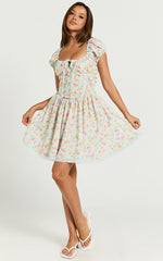 Russel Mini Dress - Fit & Flare Mini Dress with Ruched Bust in Vintage Floral