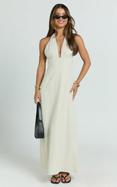 Ruth Maxi Dress - Halter Neck Dress in Neutral Stripe