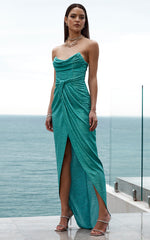 Adrie Midi Dress - Strapless Corset Bodice Dress in Turquoise