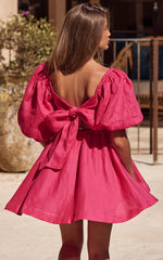 Amalie The Label - Hamyya Linen Tie Back Puff Sleeve Mini Linen Dress in Magenta