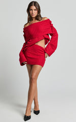 SNDYS The Label - Brooks Off Shoulder Jumper in Cherry
