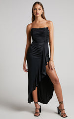 Sabrina Midi Dress - Strapless Corset Thigh Split Dress in Black