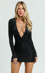 Sabrina Mini Dress - Burnout Plunge Neck Ruched Bodycon Dress in Black