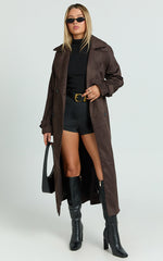 Sandara Coat - Longline Suede Trench Coat in Dark Chocolate