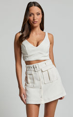 Sarah Two Piece Set - V Neck Crop Top and Belted Utility Mini Skirt in Cream