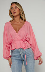 Selena Top - Linen V Neck Wrap Long Blouson Sleeve in Peach