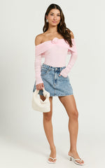 Seraphina Bodysuit - Off Shoulder Long Sleeve Detachable Rosette Mesh Bodysuit in Baby Pink