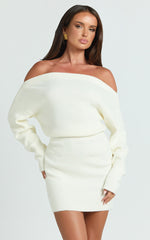 Seraphine Mini Dress - Off Shoulder Long Sleeve Brushed Knit Mini Dress in Cream