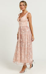 Seychelles Midi Dress - Plunge Embroidery 3d Floral Lace Dress in Light Pink
