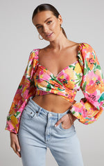 Shairah Top - Long Sleeve Tie Back Wrap Crop Top in In Bloom
