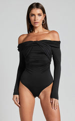 Shamaira Bodysuit - Twist Front Off Shoulder Long Sleeve in Black