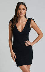 Shykie Mini Linen Blend Dress - Deep V Neck Adjustable Sleeveless Dress in Black