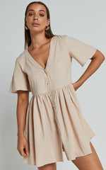 Staycation Mini Dress - Smock Button Up Dress in Beige