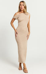 Stefanie Midi Dress - Off The Shoulder Bodycon Knit Midi Dress in Beige