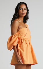 Sula Mini Dress - Asymmetric Off One Shoulder Puff Sleeve Dress in Sherbet Orange