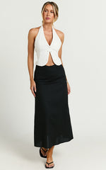 Sundry Midi Skirt - Linen High Waisted Cross Front Detail Skirt in Black