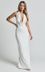 Sylvana Maxi Dress - Cowl Halter Neck Bodycon Dress in White