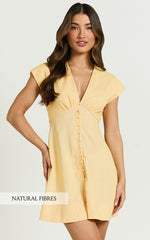 Tallulah Mini Dress - Linen V Neck A Line Dress in Lemon