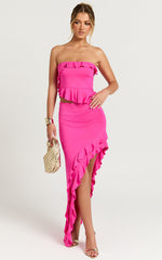 Tess Two Piece Top and Skirt Set - Jersey Asymmetric Ruffle Strapless Top And Maxi Skirt in Fuchsia Pink