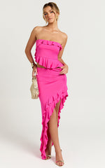 Tess Two Piece Top and Skirt Set - Jersey Asymmetric Ruffle Strapless Top And Maxi Skirt in Fuchsia Pink