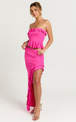 Tess Two Piece Top and Skirt Set - Jersey Asymmetric Ruffle Strapless Top And Maxi Skirt in Fuchsia Pink