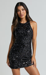 Tisdale Mini Dress - Halter Sequin Shift Dress in Black
