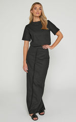 Tisdale Two Piece Set - Linen Look Scoop Neck Short Sleeve Cropped Top and Maxi Skirt in Black