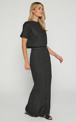 Tisdale Two Piece Set - Linen Look Scoop Neck Short Sleeve Cropped Top and Maxi Skirt in Black