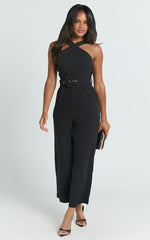 Tracy Jumpsuit - Diamond Neck Belted Straight Leg Jumpsuit in Black